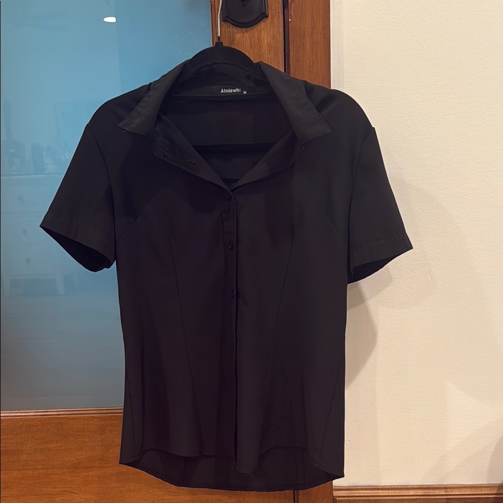 Black Button Down Shirt with Short Sleeves For Women